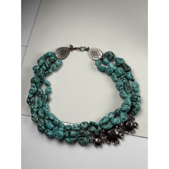 Lucky Brands Faux Turquoise Necklace 19" Triple Strand Flower Statement - Picture 3 of 11